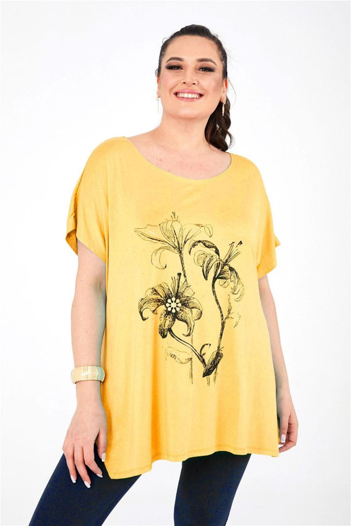 Tshirt Büyük Beden Salaş Baskılı Penye T-Shirt Hardal