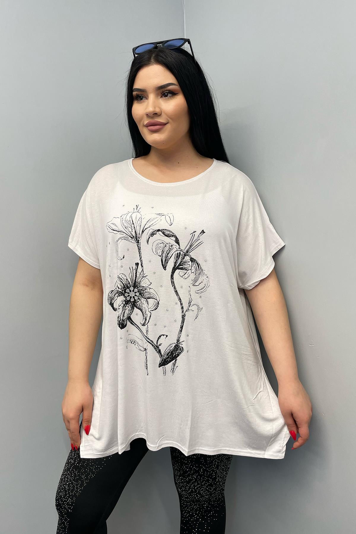Tshirt Büyük Beden Salaş Baskılı Penye T-Shirt Beyaz