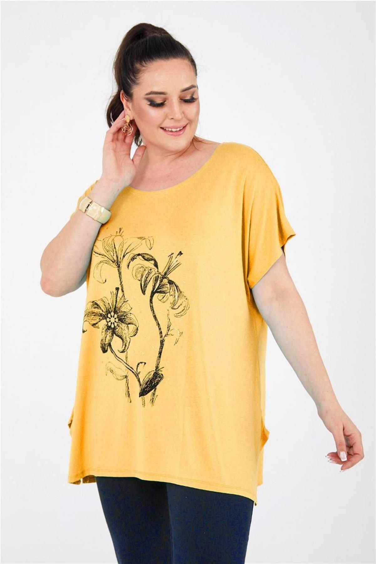Tshirt Büyük Beden Salaş Baskılı Penye T-Shirt Hardal