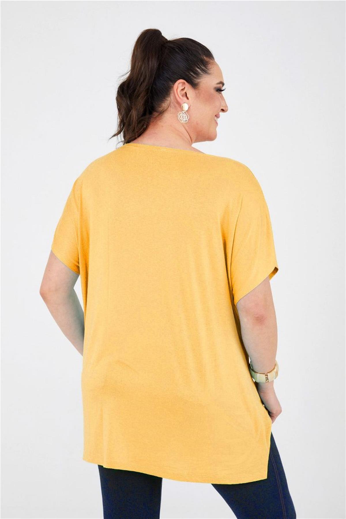 Tshirt Büyük Beden Salaş Baskılı Penye T-Shirt Hardal
