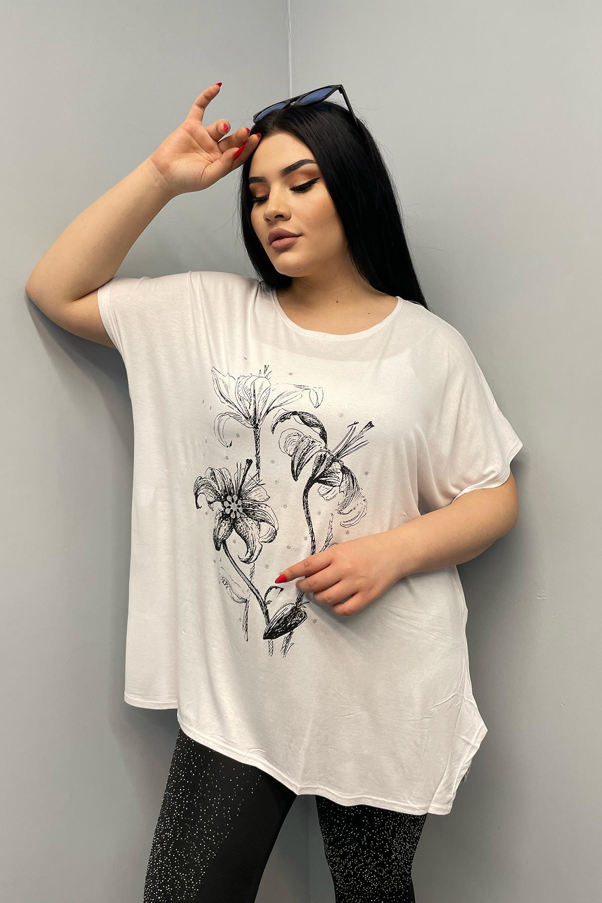 Tshirt Büyük Beden Salaş Baskılı Penye T-Shirt Beyaz