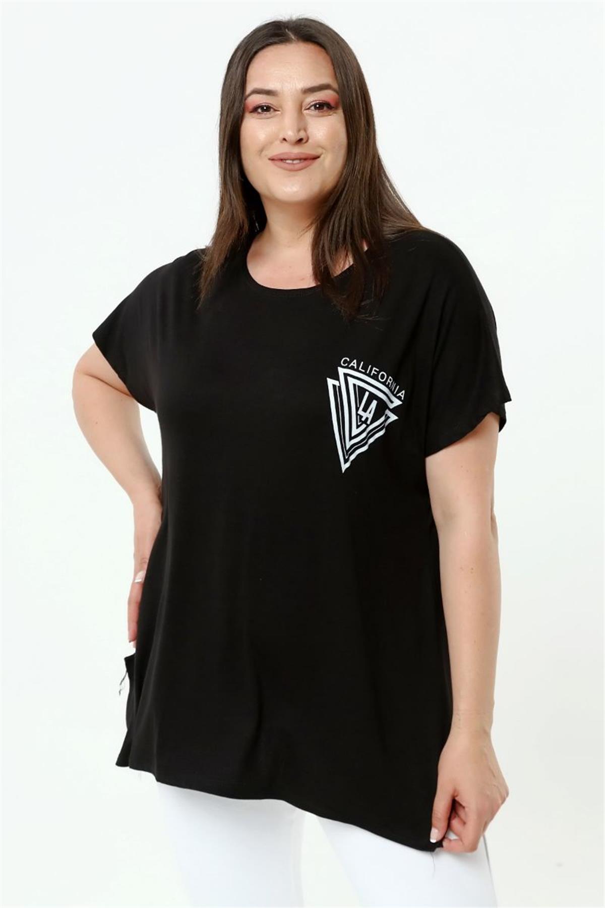 Tshirt Büyük Beden Salaş Baskılı T-Shirt Siyah