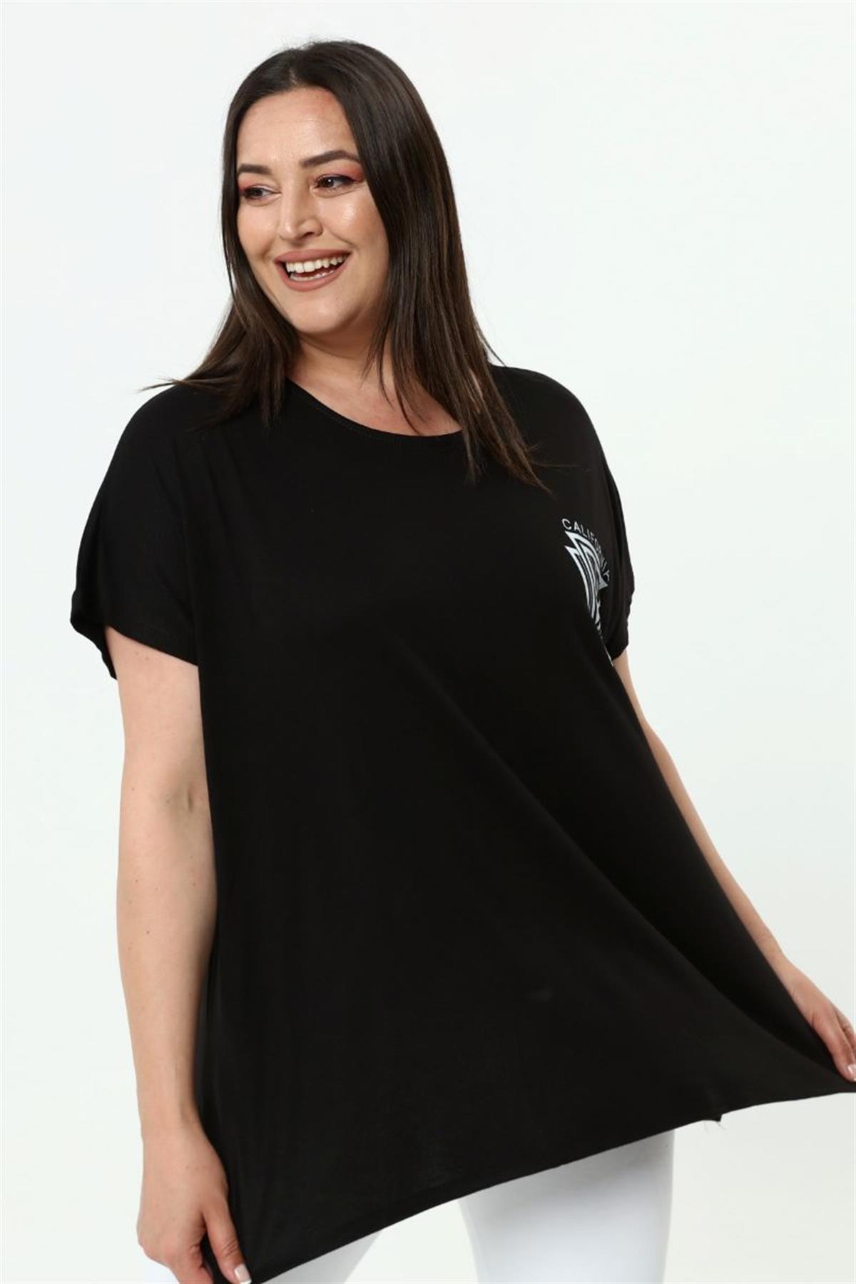 Tshirt Büyük Beden Salaş Baskılı T-Shirt Siyah