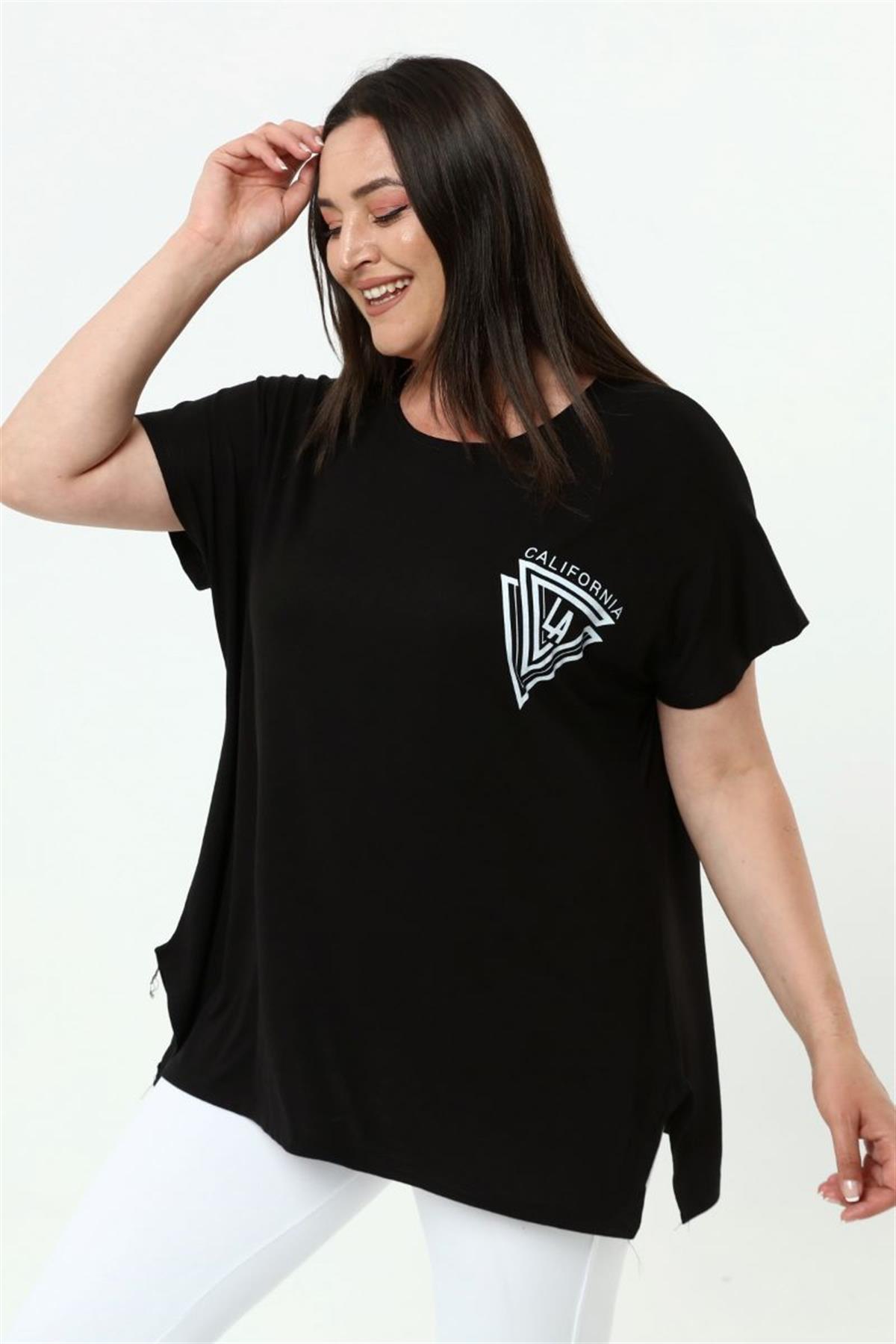 Tshirt Büyük Beden Salaş Baskılı T-Shirt Siyah