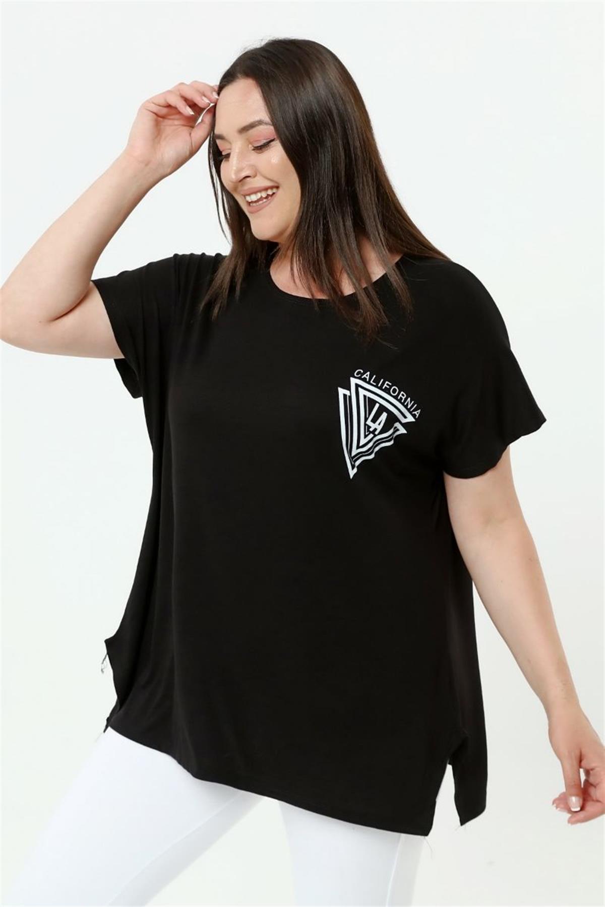 Tshirt Büyük Beden Salaş Baskılı T-Shirt Siyah