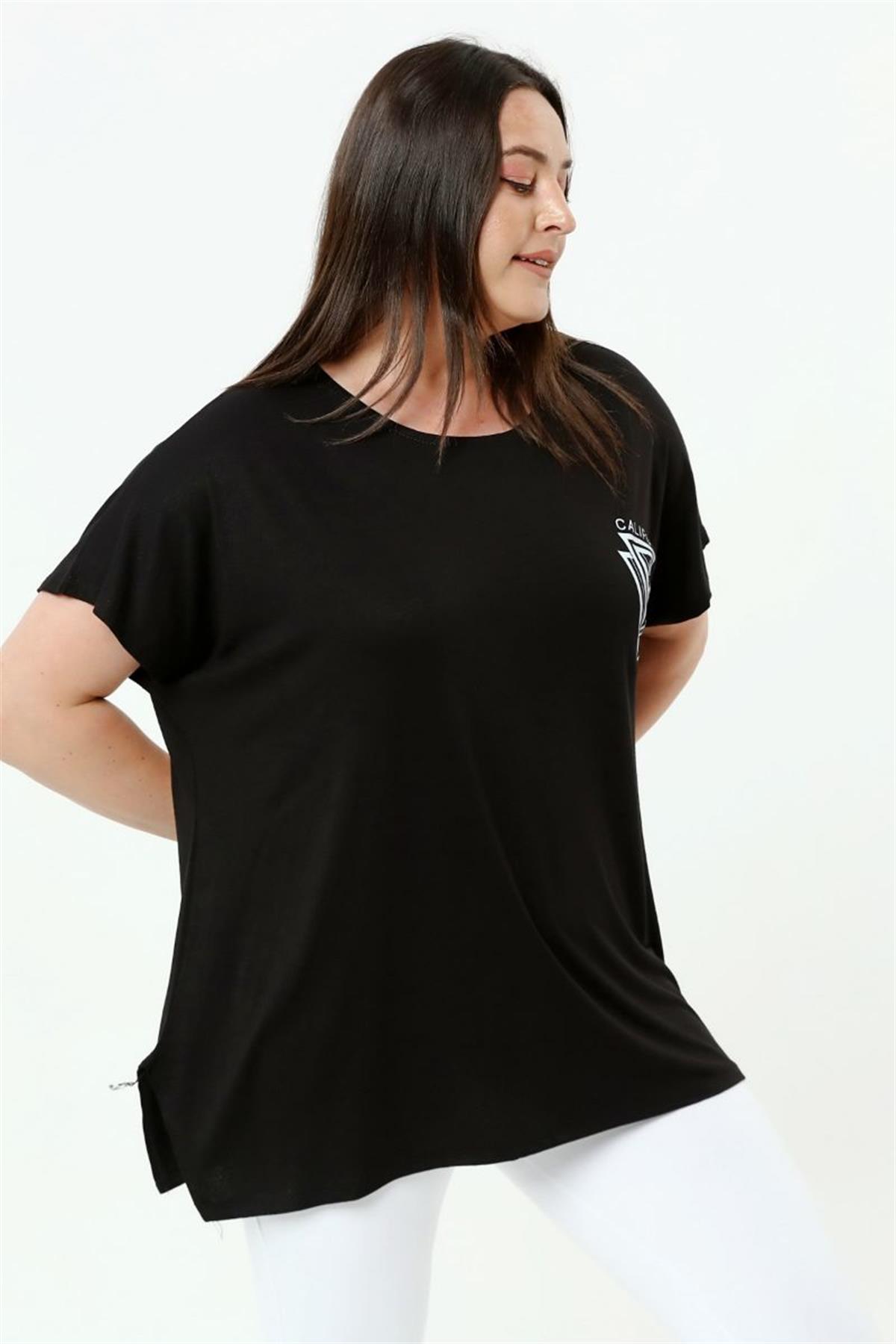 Tshirt Büyük Beden Salaş Baskılı T-Shirt Siyah