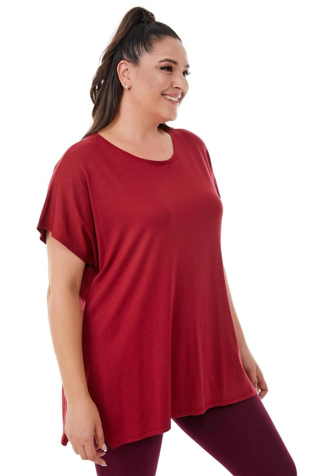 Tshirt Büyük Beden Salaş Bisiklet Yaka Basic T-Shirt Bordo