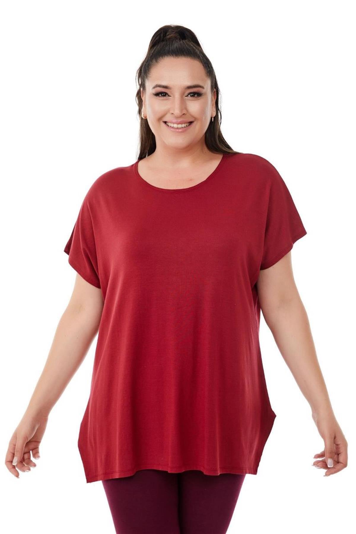Tshirt Büyük Beden Salaş Bisiklet Yaka Basic T-Shirt Bordo