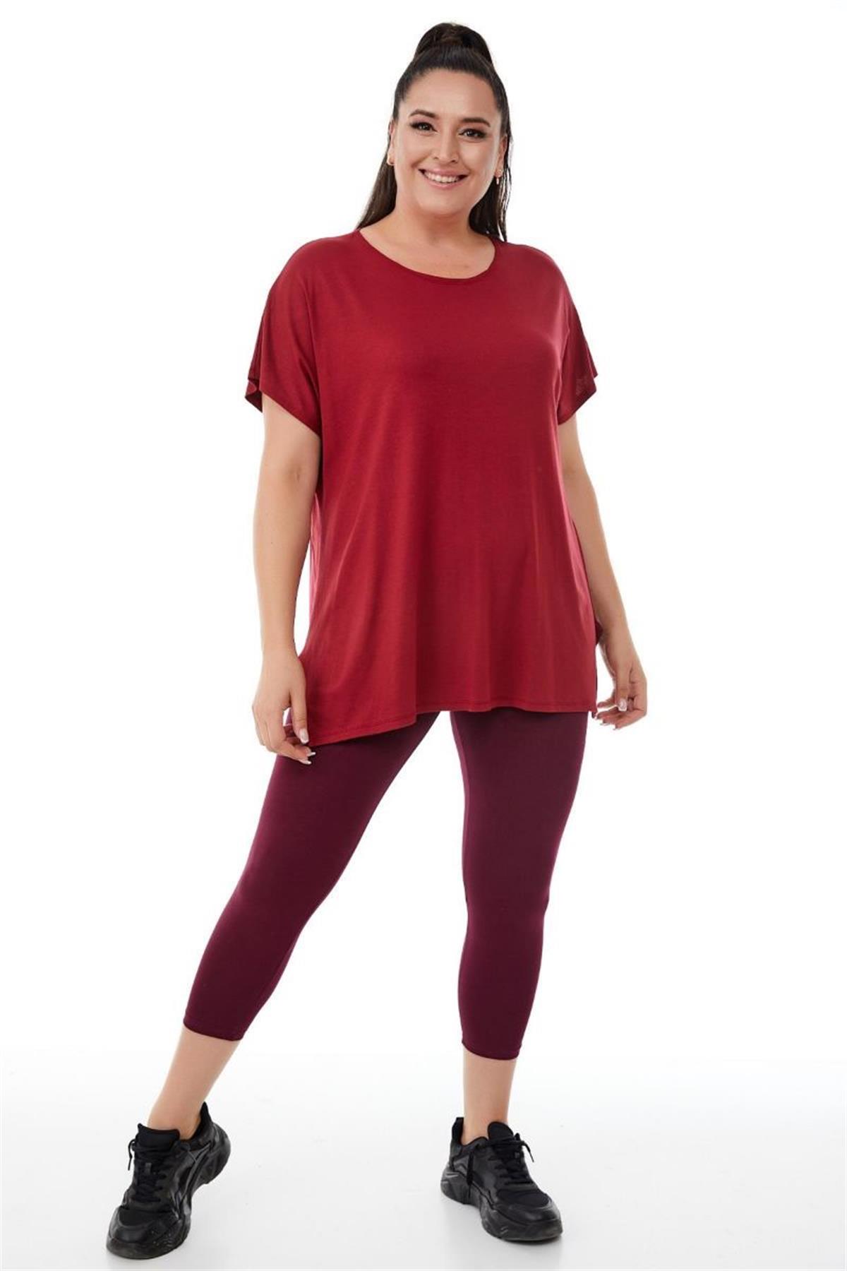 Tshirt Büyük Beden Salaş Bisiklet Yaka Basic T-Shirt Bordo