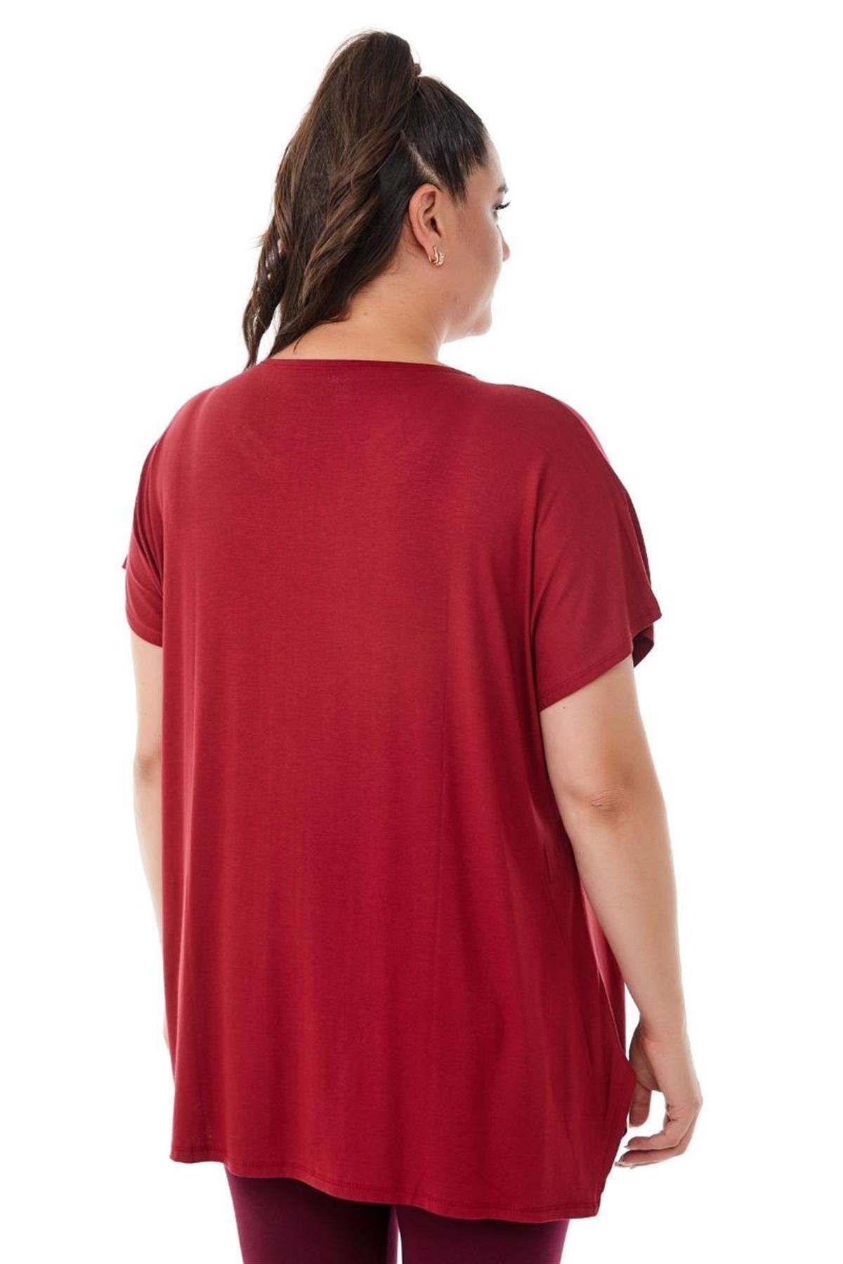 Tshirt Büyük Beden Salaş Bisiklet Yaka Basic T-Shirt Bordo