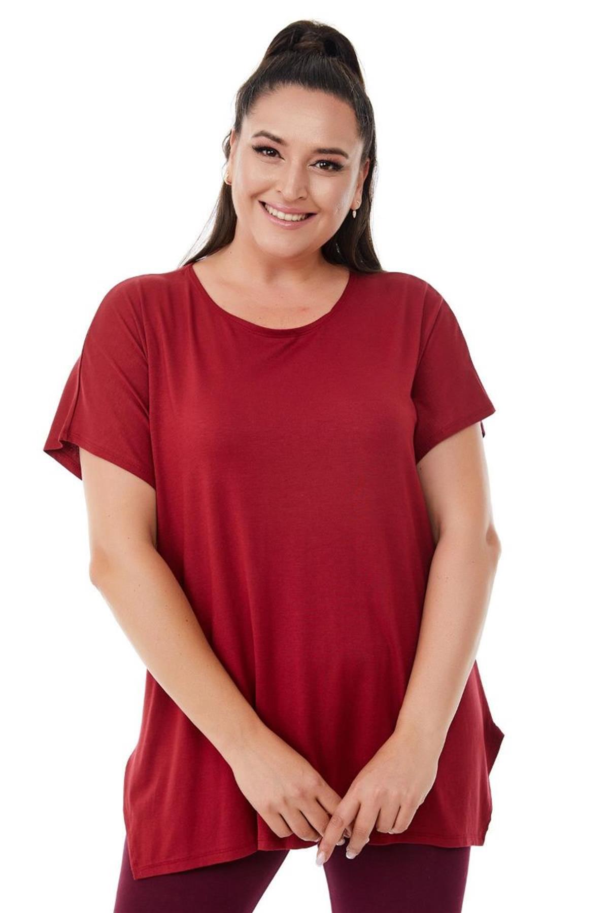 Tshirt Büyük Beden Salaş Bisiklet Yaka Basic T-Shirt Bordo