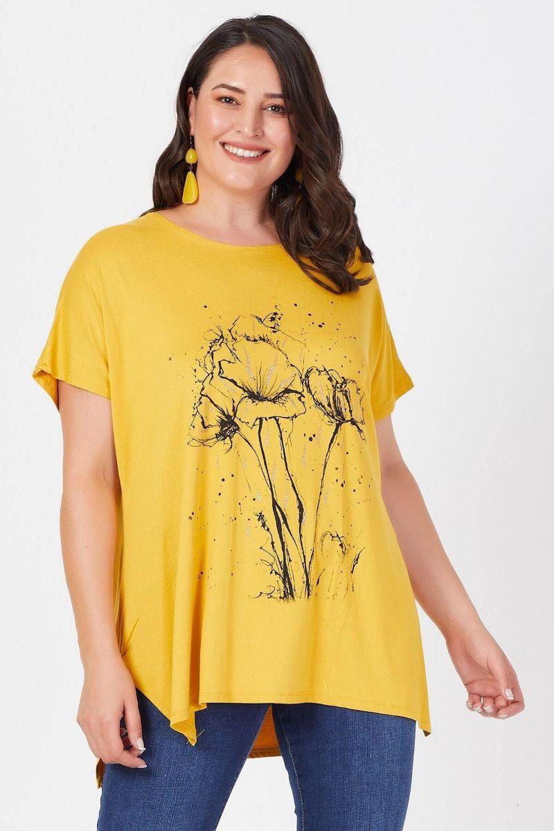 Tshirt Büyük Beden Salaş Deste Çiçek Baskılı T-Shirt Hardal