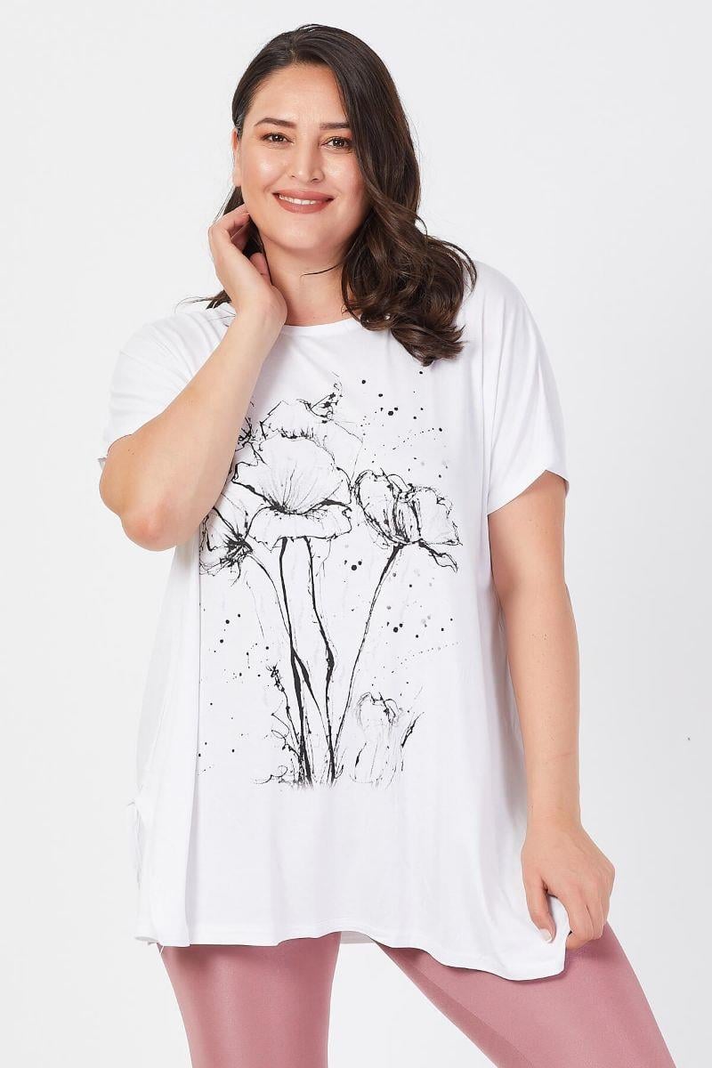 Tshirt Büyük Beden Salaş Deste Çiçek Baskılı T-Shirt Beyaz