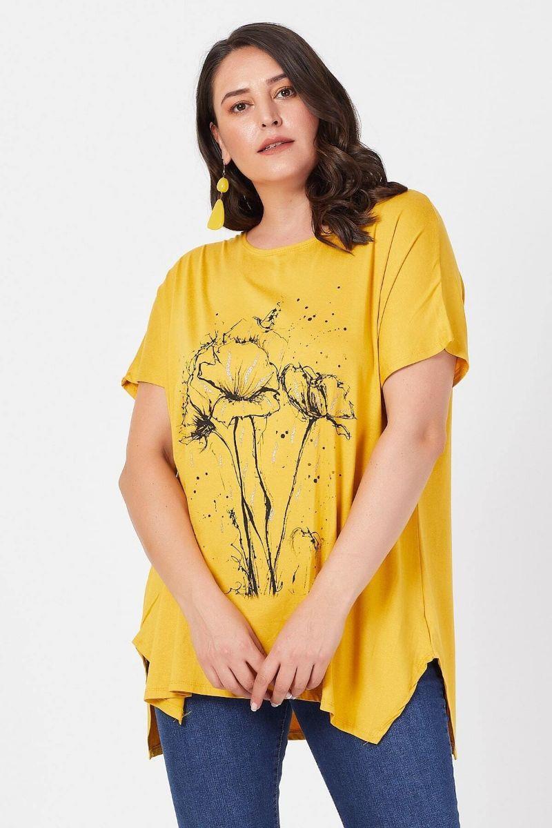 Tshirt Büyük Beden Salaş Deste Çiçek Baskılı T-Shirt Hardal