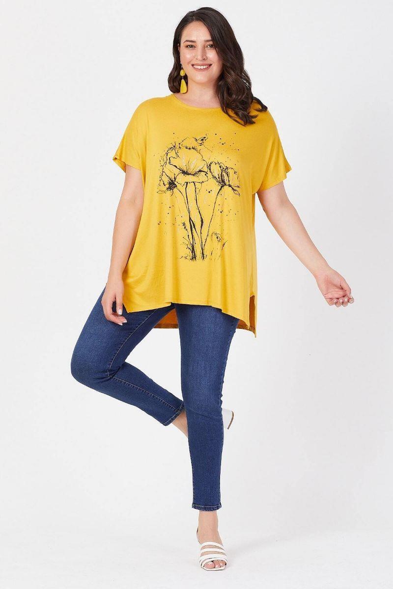 Tshirt Büyük Beden Salaş Deste Çiçek Baskılı T-Shirt Hardal