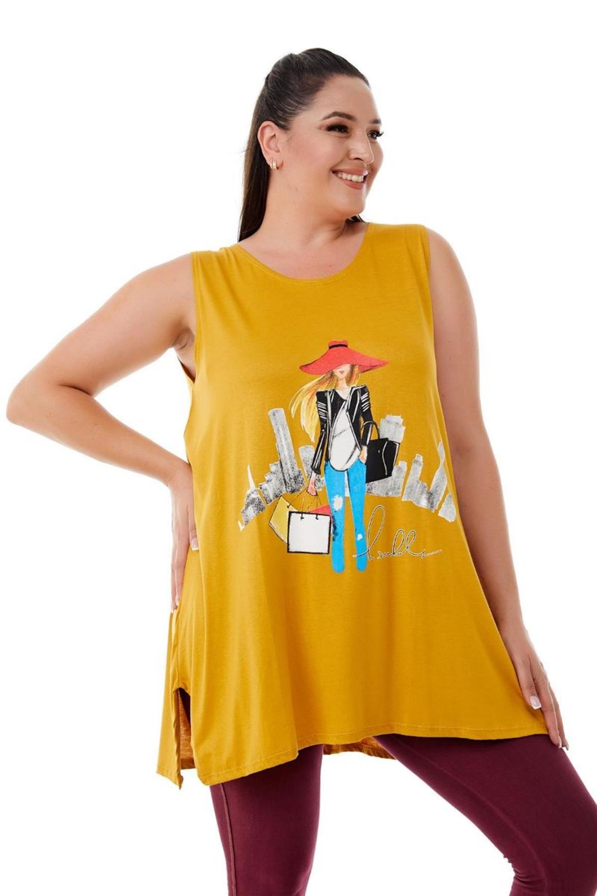 Tshirt Büyük Beden Salaş Genç Stil Kolsuz T-Shirt Hardal