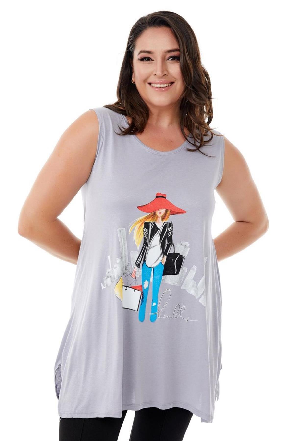 Tshirt Büyük Beden Salaş Genç Stil Kolsuz T-Shirt Gri