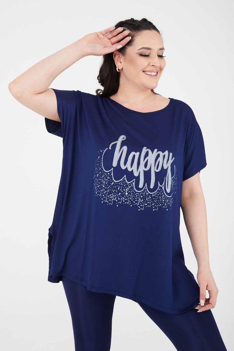 Tshirt Büyük Beden Salaş Happy Baskılı T-Shirt Lacivert