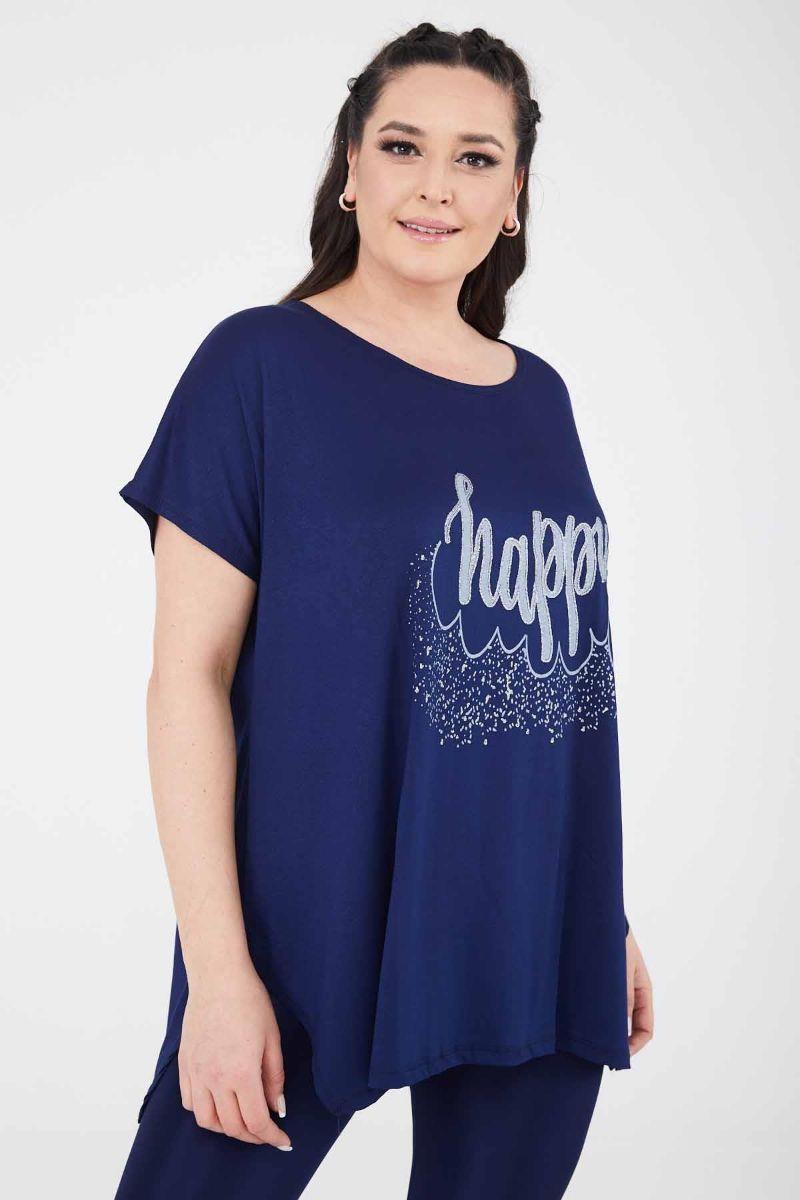 Tshirt Büyük Beden Salaş Happy Baskılı T-Shirt Lacivert