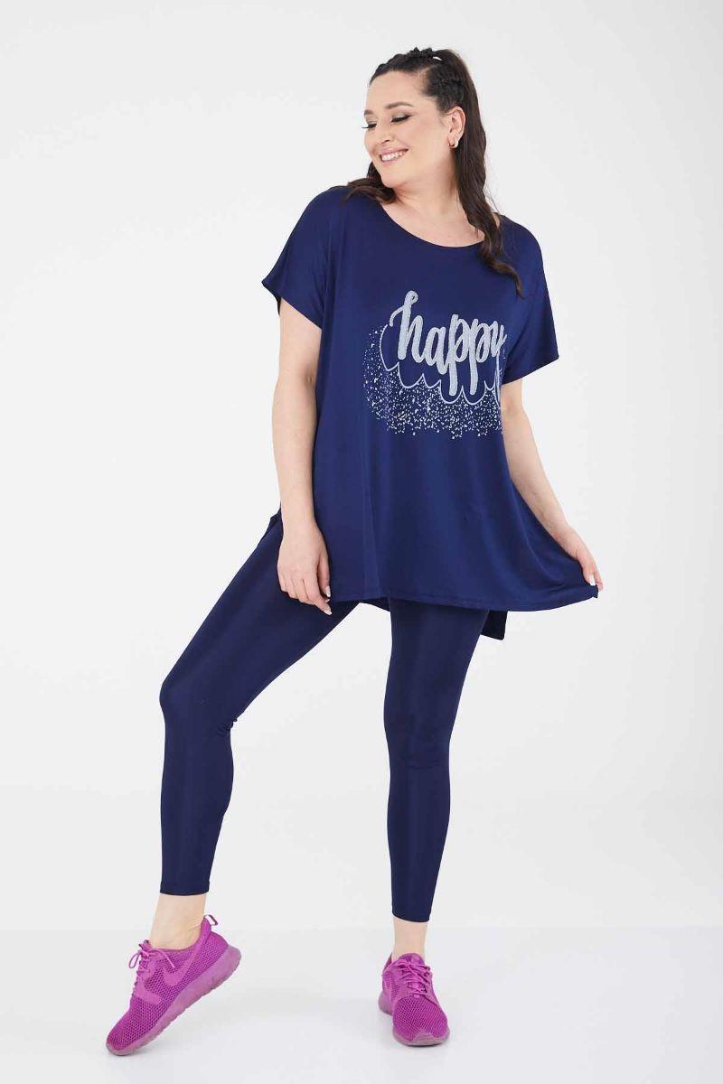 Tshirt Büyük Beden Salaş Happy Baskılı T-Shirt Lacivert