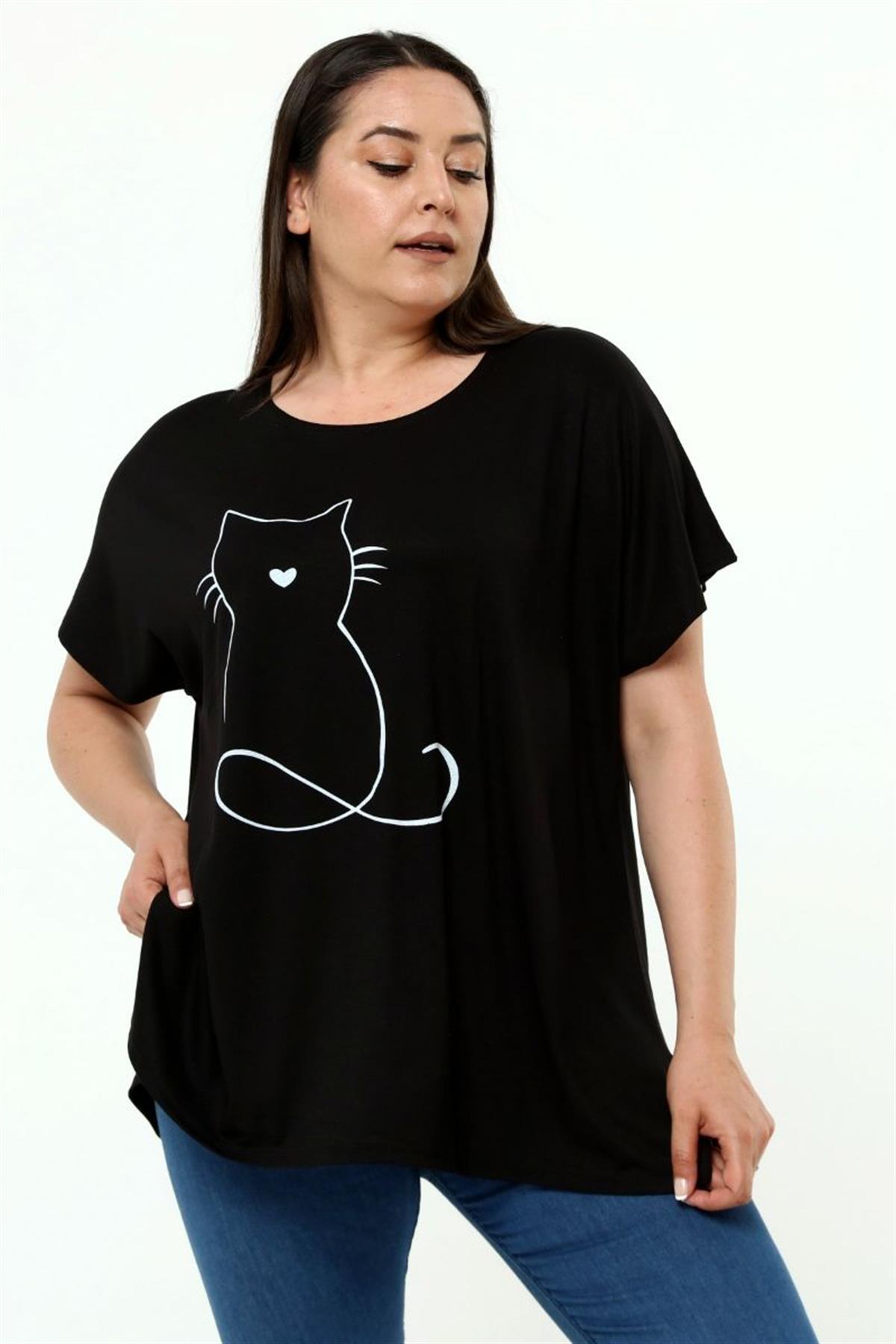 Tshirt Büyük Beden Salaş Kedi Baskıl T-Shirt Siyah