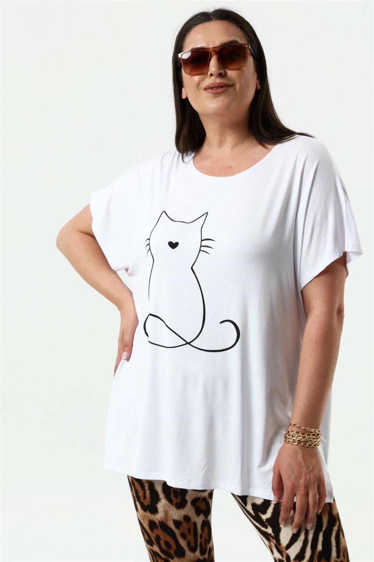 Tshirt Büyük Beden Salaş Kedi Baskıl T-Shirt Beyaz