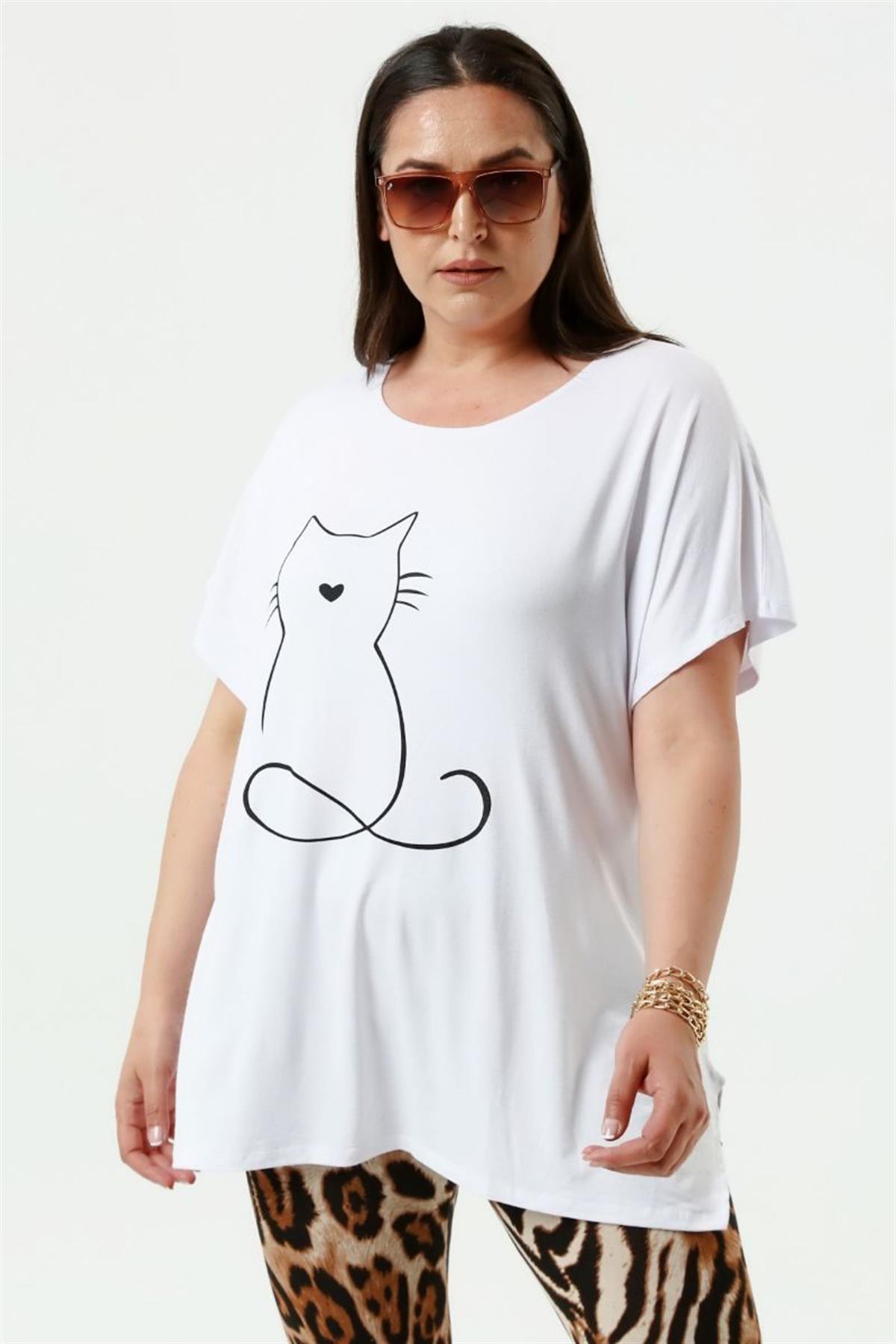 Tshirt Büyük Beden Salaş Kedi Baskıl T-Shirt Beyaz