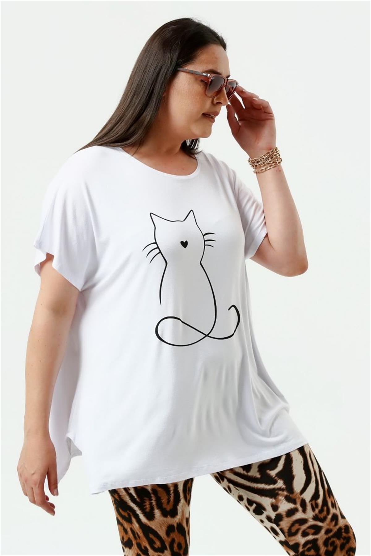 Tshirt Büyük Beden Salaş Kedi Baskıl T-Shirt Beyaz