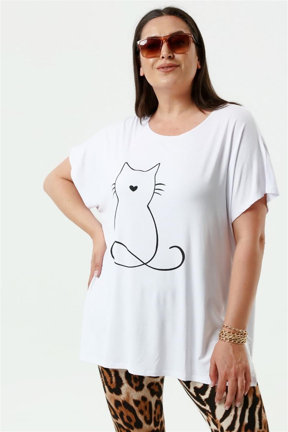 Tshirt Büyük Beden Salaş Kedi Baskıl T-Shirt Beyaz