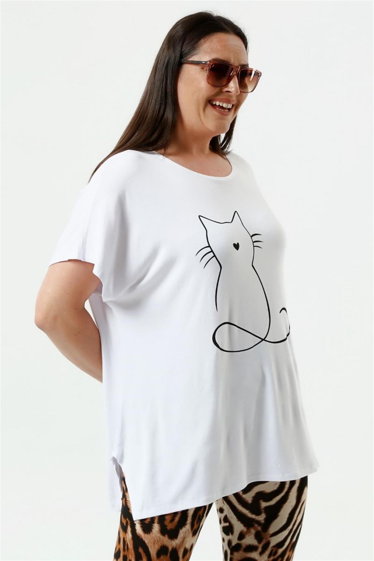 Tshirt Büyük Beden Salaş Kedi Baskıl T-Shirt Beyaz