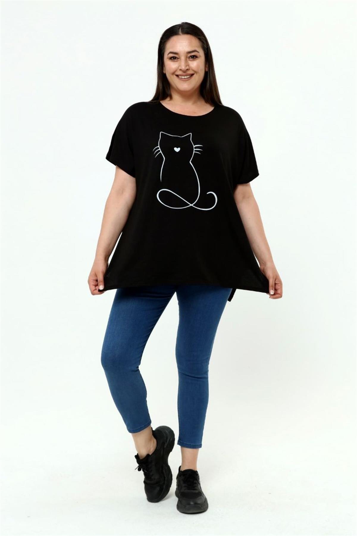 Tshirt Büyük Beden Salaş Kedi Baskıl T-Shirt Siyah