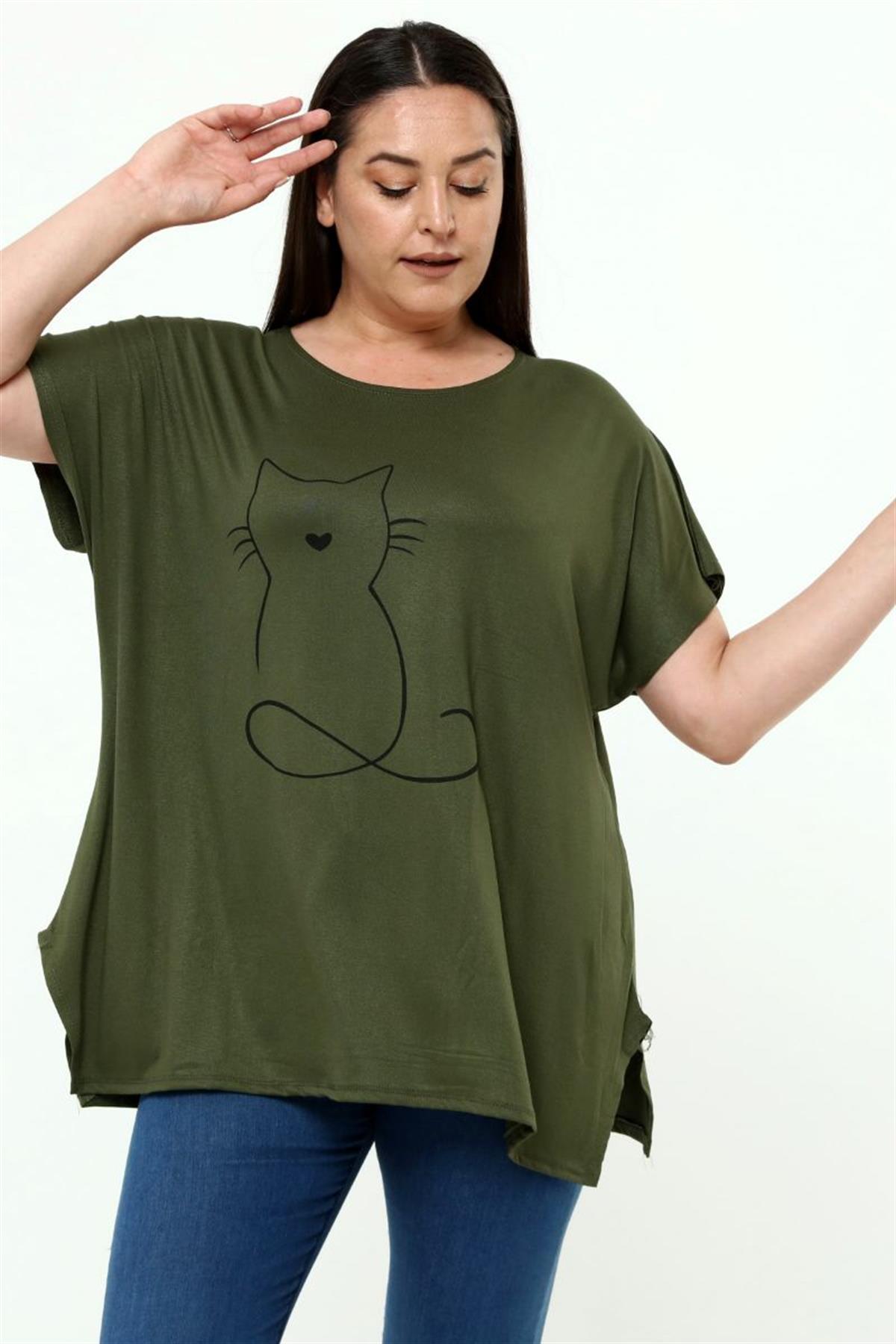 Tshirt Büyük Beden Salaş Kedi Baskıl T-Shirt Haki