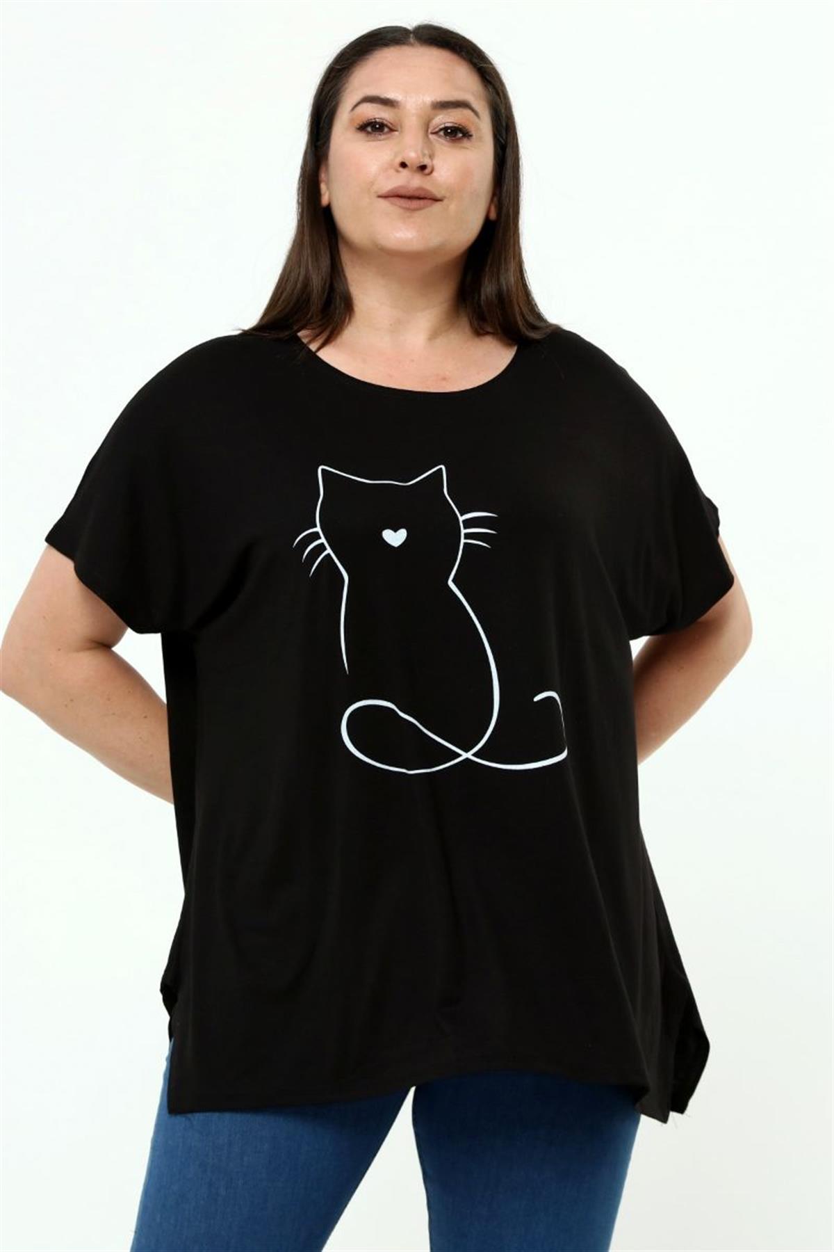 Tshirt Büyük Beden Salaş Kedi Baskıl T-Shirt Siyah