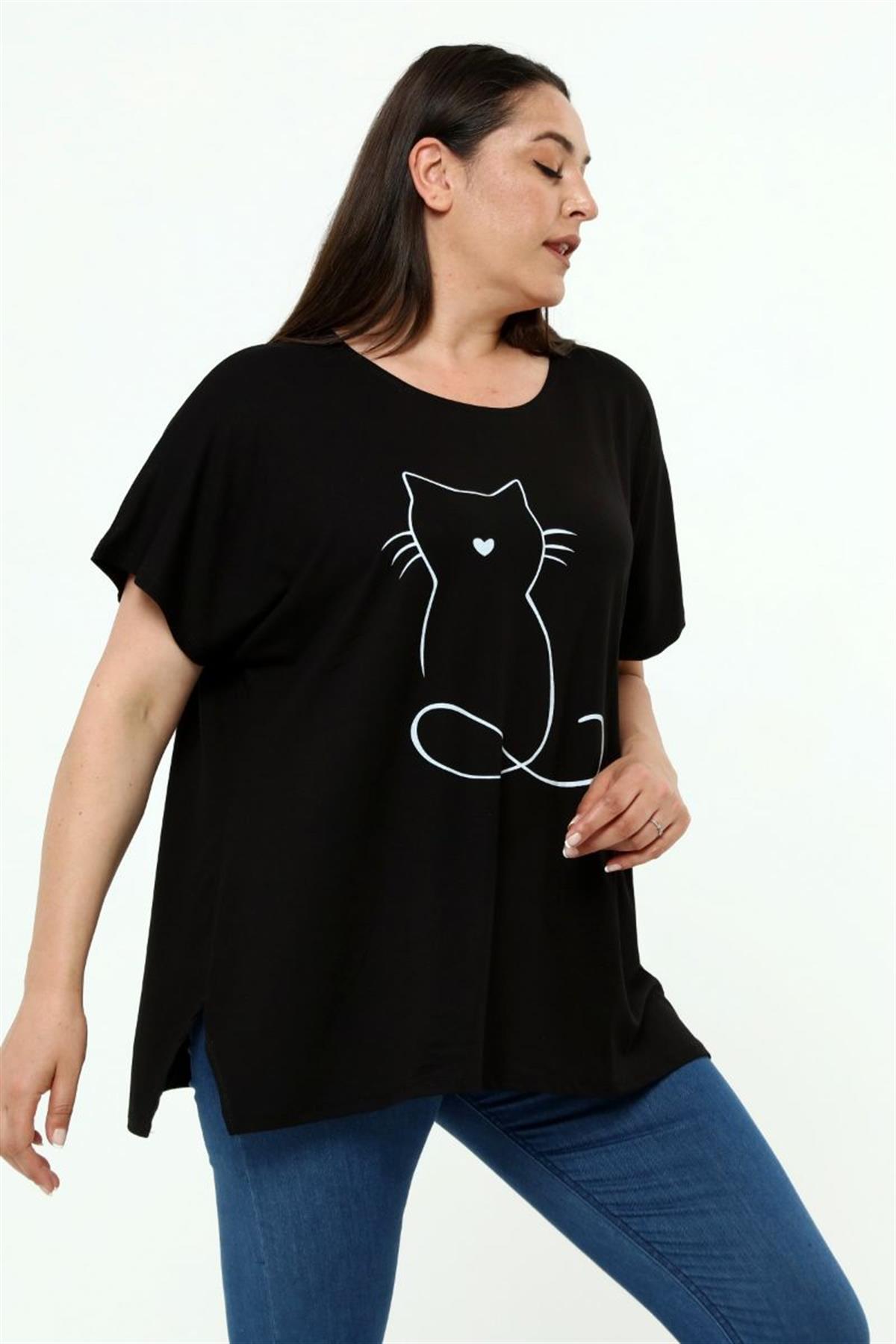 Tshirt Büyük Beden Salaş Kedi Baskıl T-Shirt Siyah