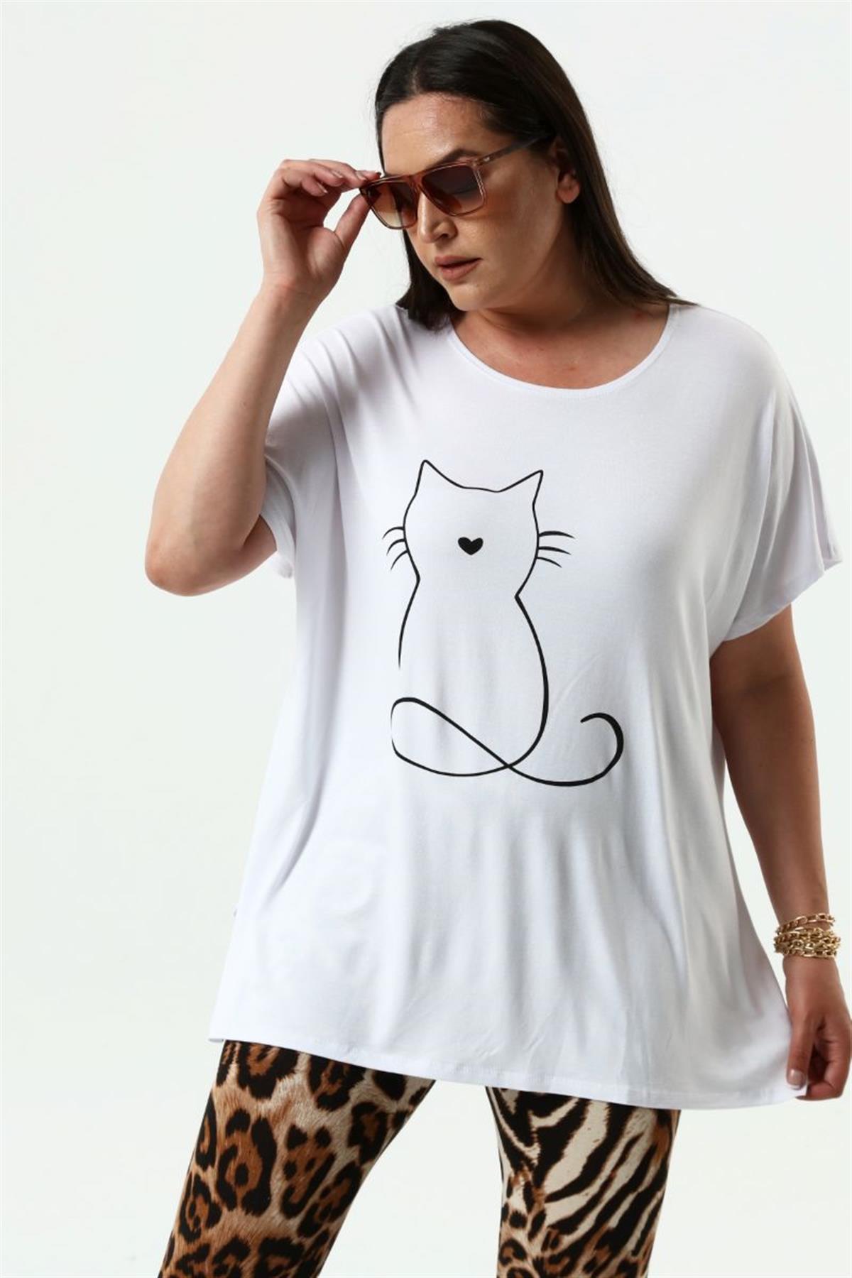 Tshirt Büyük Beden Salaş Kedi Baskıl T-Shirt Beyaz