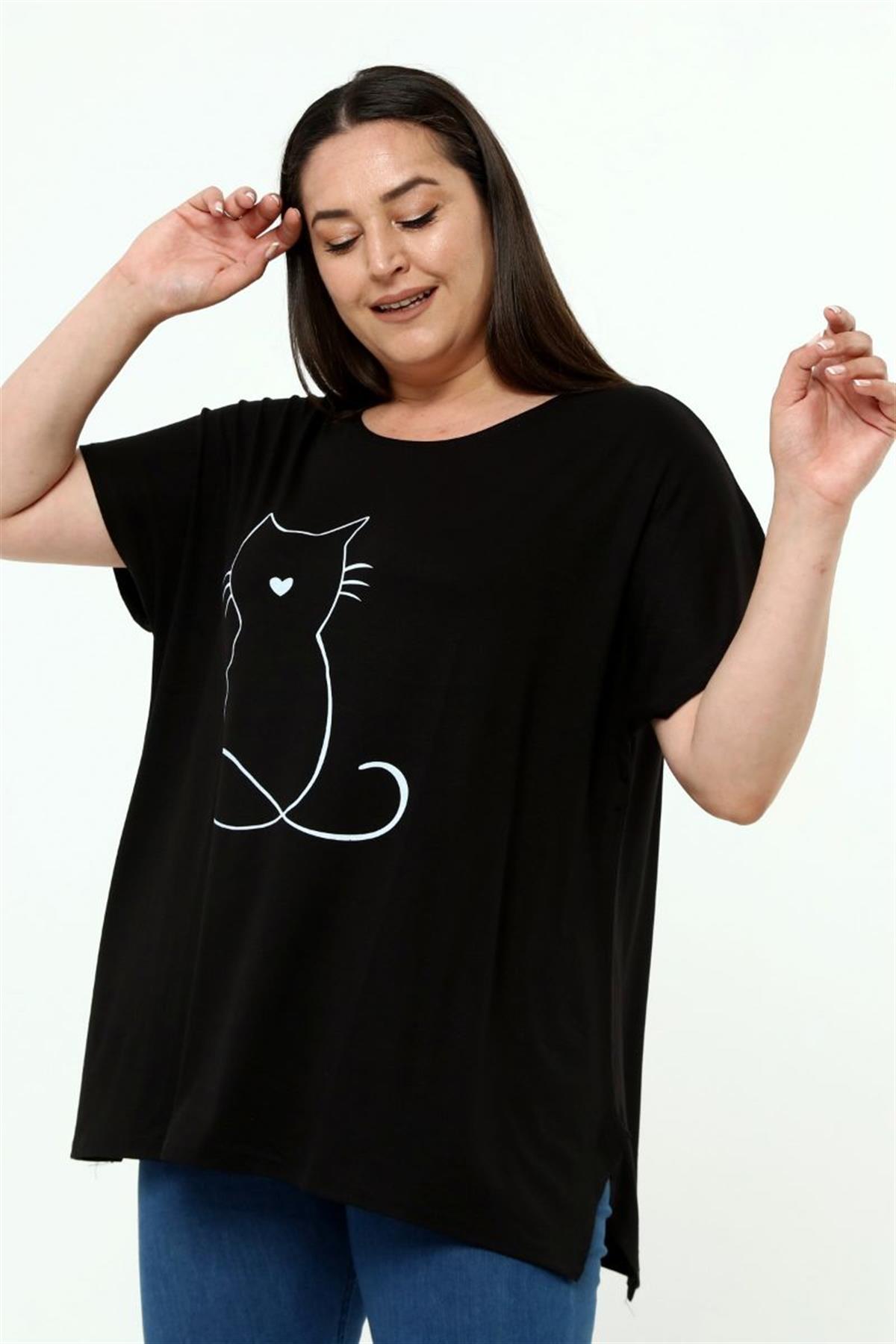 Tshirt Büyük Beden Salaş Kedi Baskıl T-Shirt Siyah