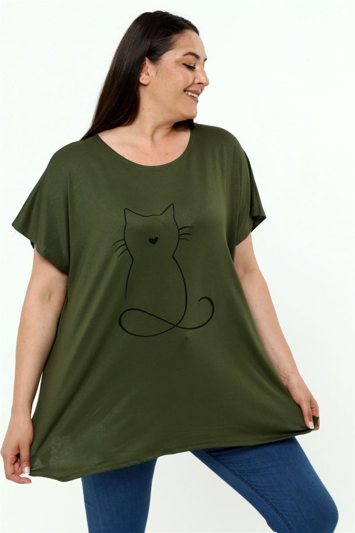 Tshirt Büyük Beden Salaş Kedi Baskıl T-Shirt Haki