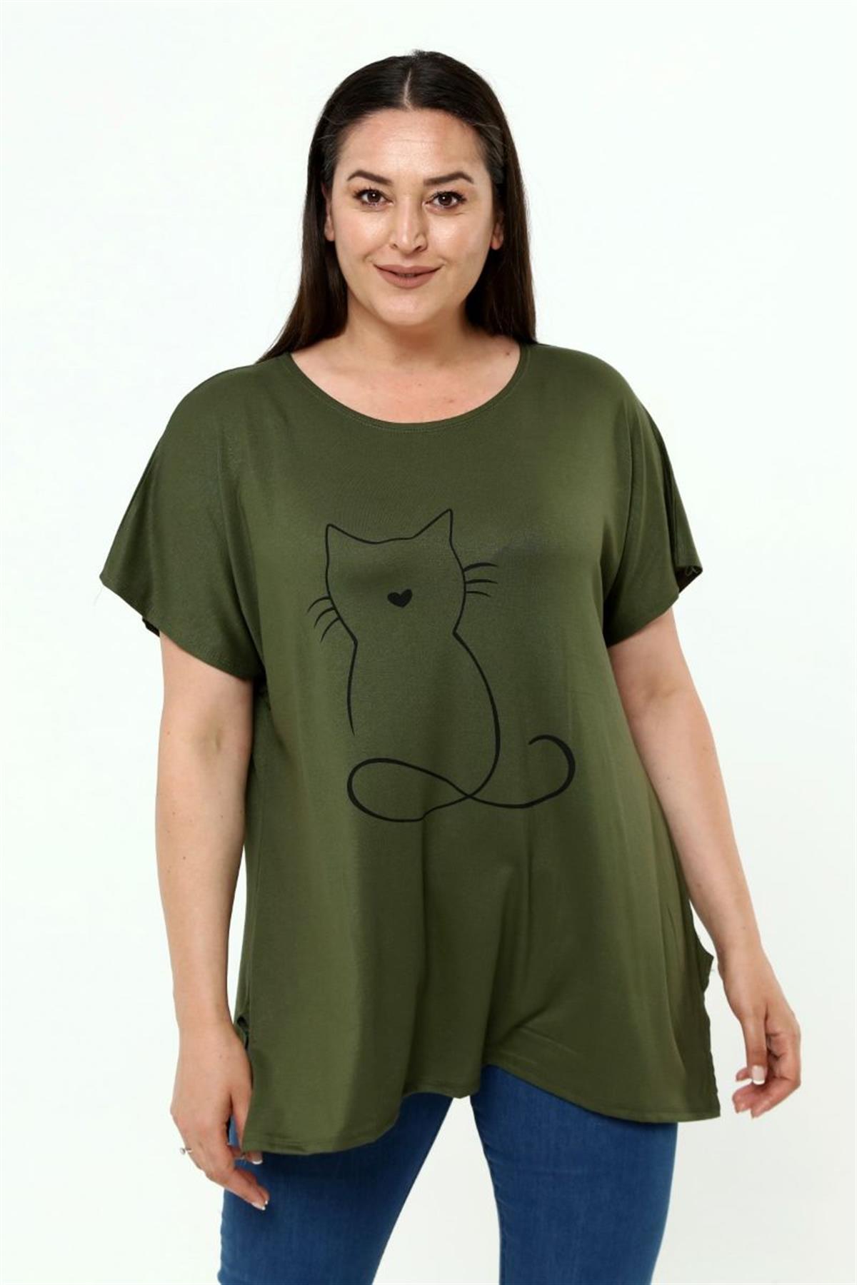 Tshirt Büyük Beden Salaş Kedi Baskıl T-Shirt Haki