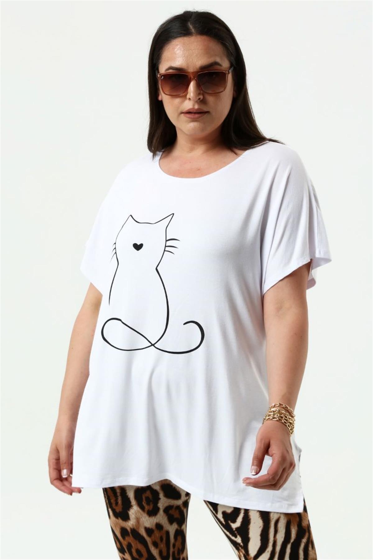 Tshirt Büyük Beden Salaş Kedi Baskıl T-Shirt Beyaz