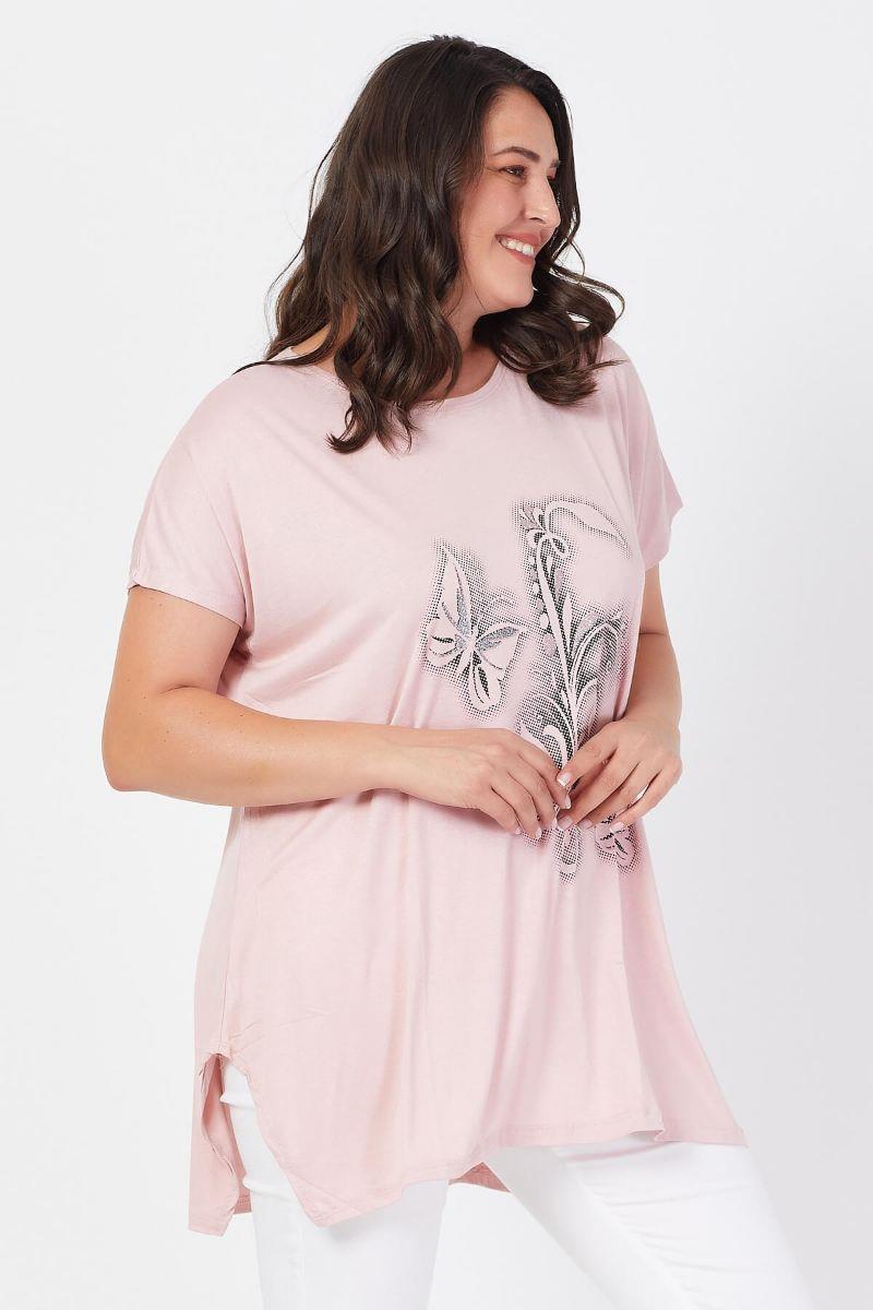 Tshirt Büyük Beden Salaş Kelebek Detaylı T-Shirt Pudra