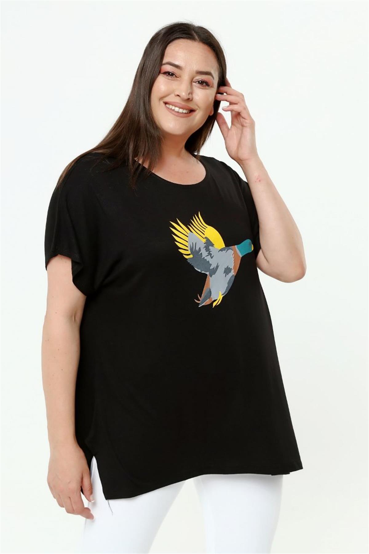 Tshirt Büyük Beden Salaş Kuş Baskılı T-Shirt Siyah