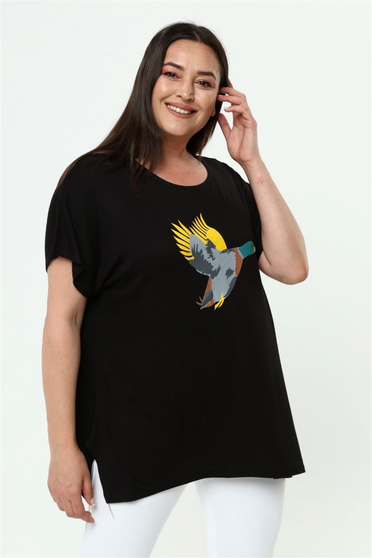 Tshirt Büyük Beden Salaş Kuş Baskılı T-Shirt Siyah