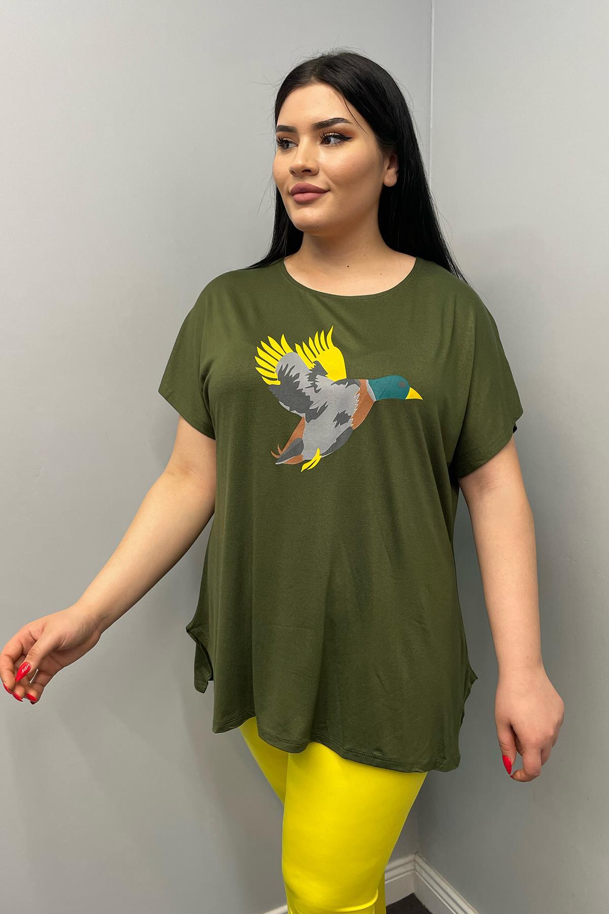 Tshirt Büyük Beden Salaş Kuş Baskılı T-Shirt Haki