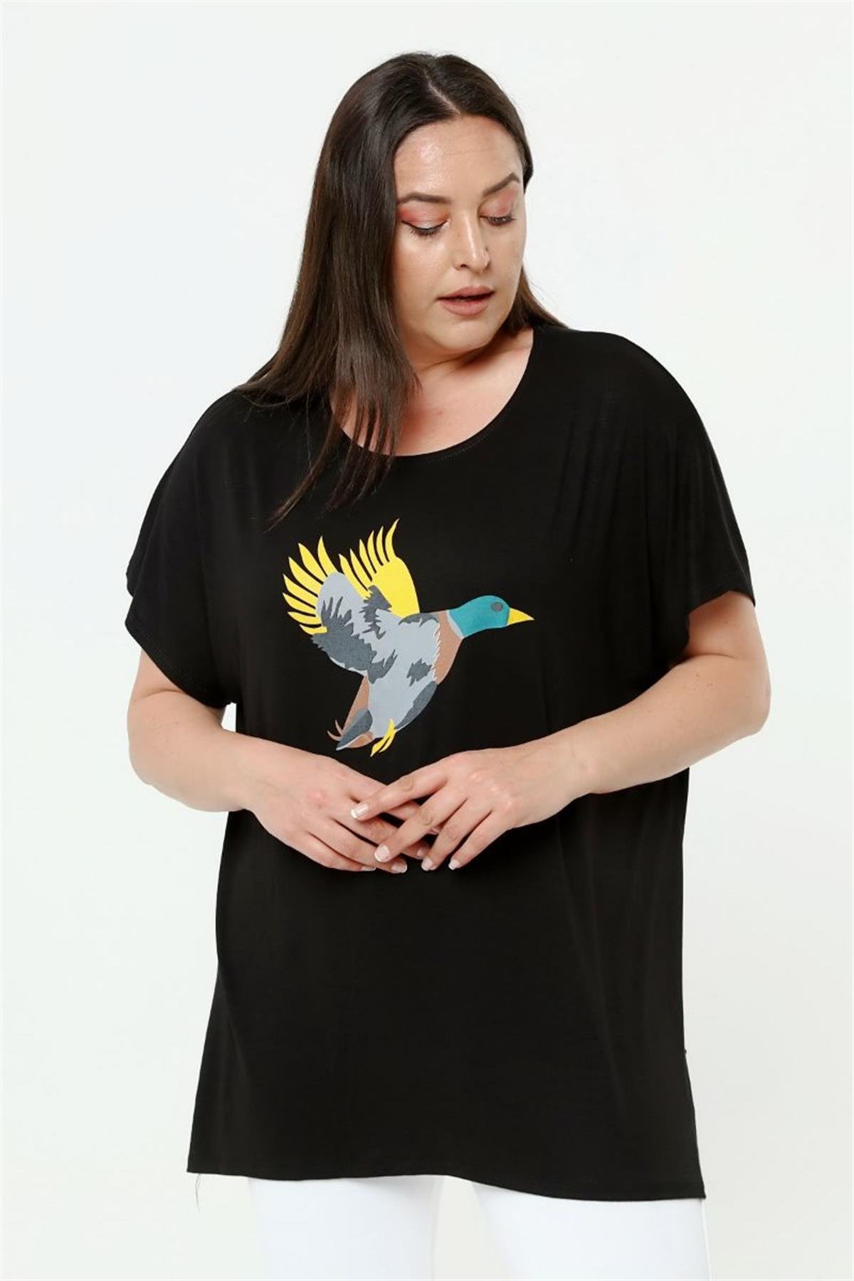 Tshirt Büyük Beden Salaş Kuş Baskılı T-Shirt Siyah