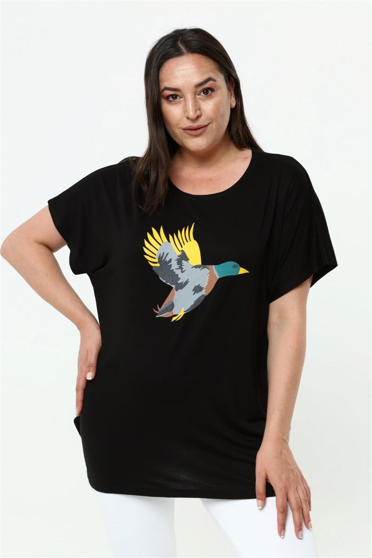 Tshirt Büyük Beden Salaş Kuş Baskılı T-Shirt Siyah