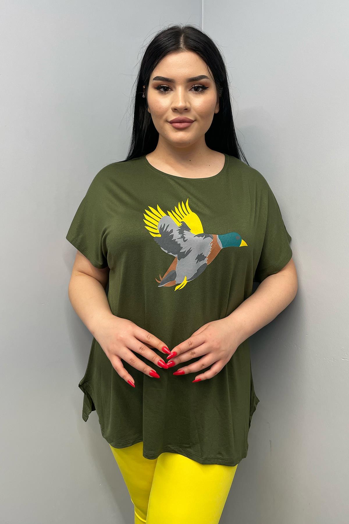 Tshirt Büyük Beden Salaş Kuş Baskılı T-Shirt Haki