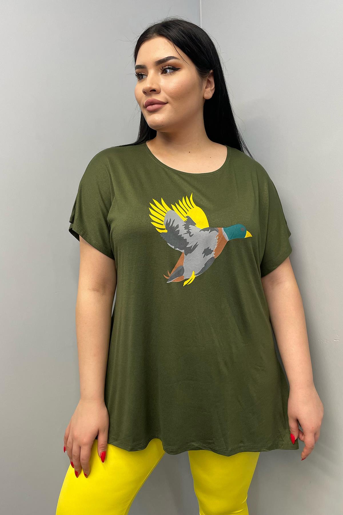 Tshirt Büyük Beden Salaş Kuş Baskılı T-Shirt Haki