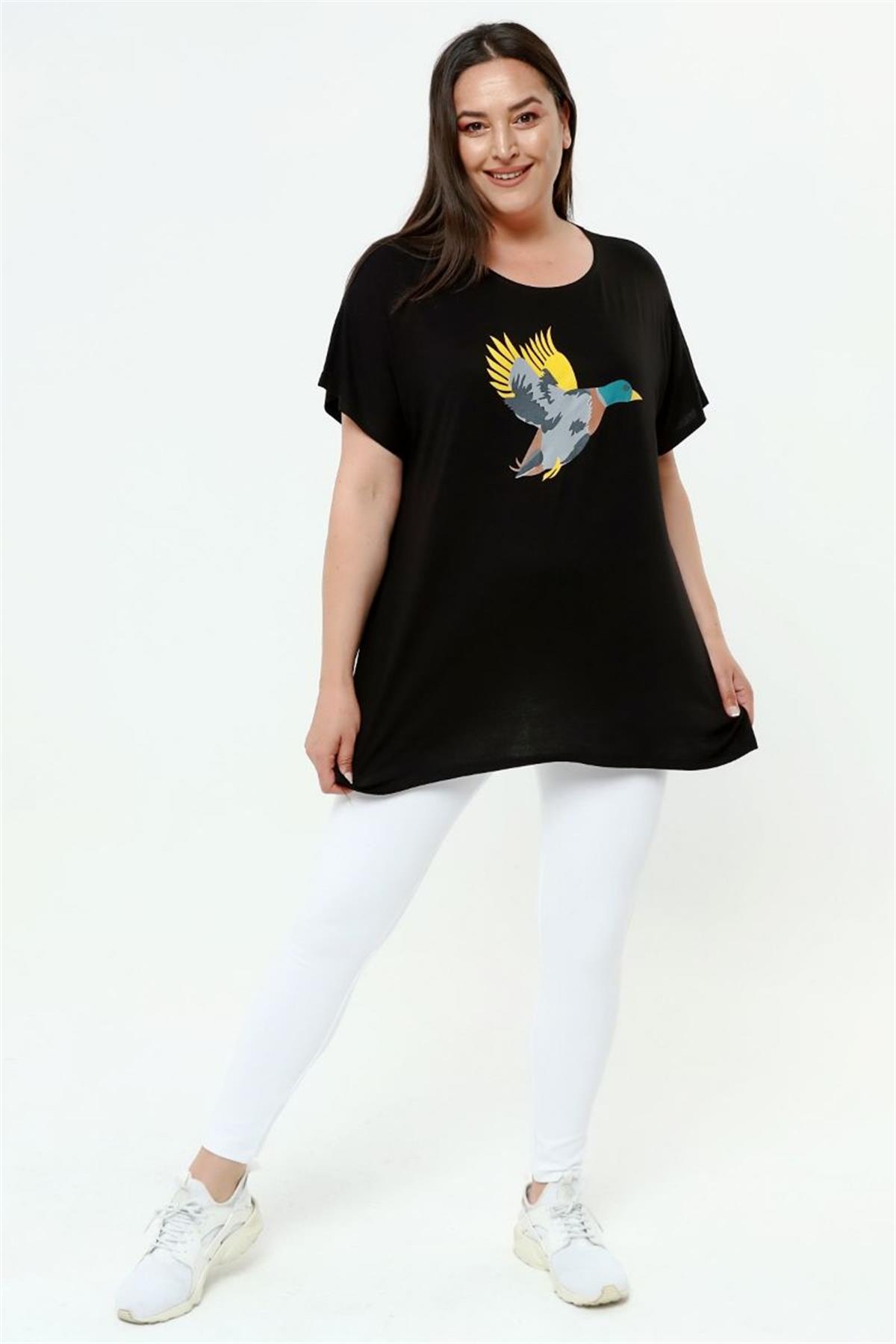Tshirt Büyük Beden Salaş Kuş Baskılı T-Shirt Siyah
