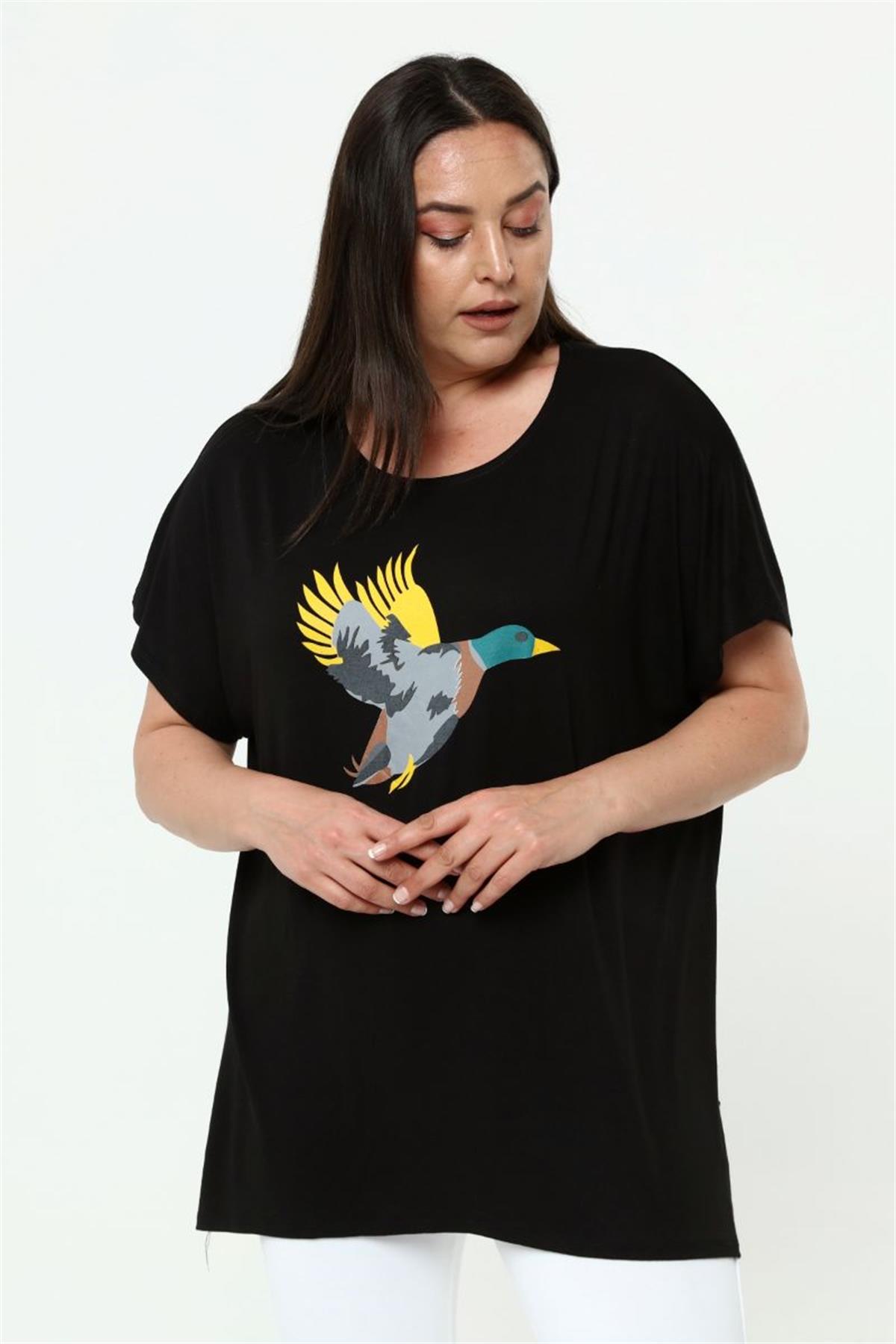 Tshirt Büyük Beden Salaş Kuş Baskılı T-Shirt Siyah