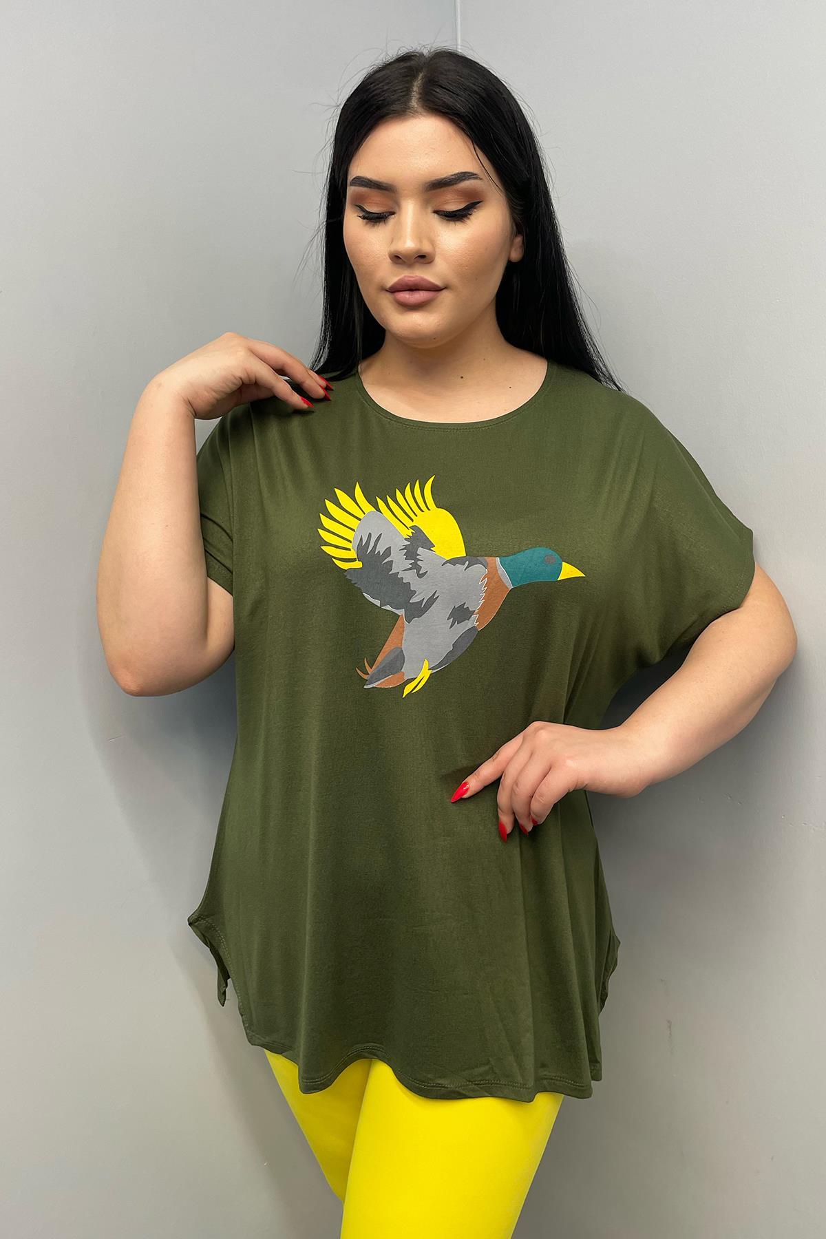 Tshirt Büyük Beden Salaş Kuş Baskılı T-Shirt Haki